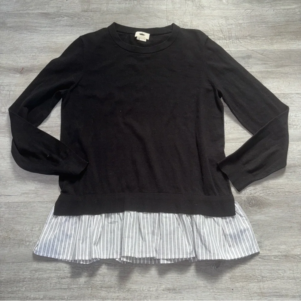 Kate Spade Black Long Sleeve Top with Striped Ruffle Hem - Size Medium - Picture 1 of 7